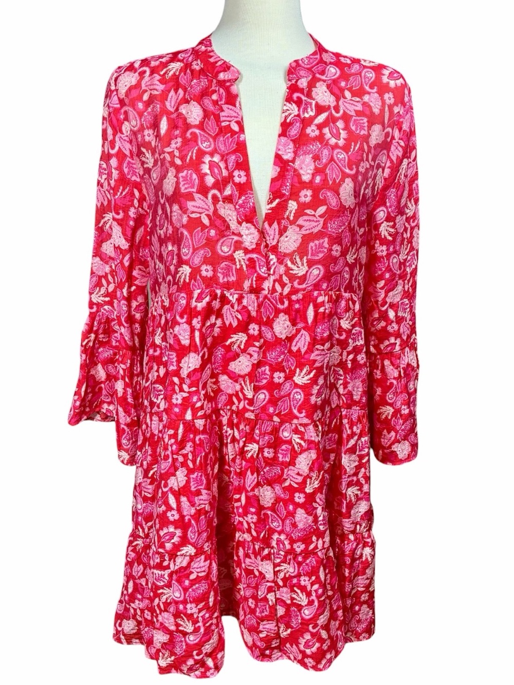 Choklate Paris Red and Pink Paisley Print Silk Dress V Neck Women's Size Medium